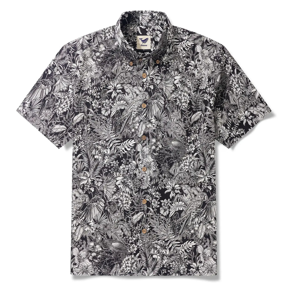 Men's Hawaiian Shirt Short Sleeve Button-down 100% Cotton White Aloha Monochrome Tropical Jungle Charm By Cigar