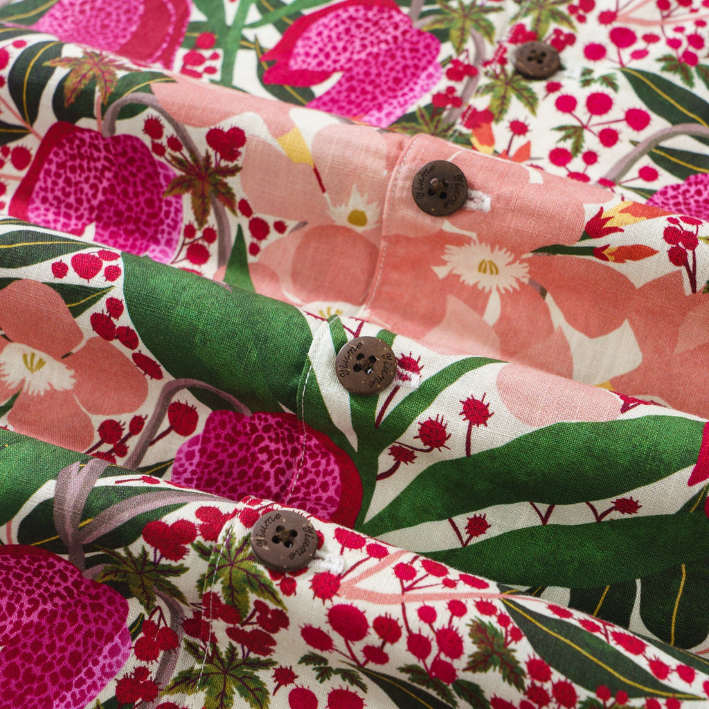Men's Hawaiian Shirt Short Sleeve Camp Collar 100% Cotton Red Aloha Wild and Unique Flowers By Jasmine Blooms Designs