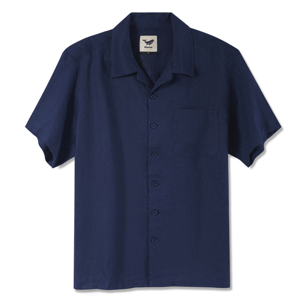 Men's Basic Shirt Short Sleeve Camp Collar 100% Linen Navy Blue Solid Color