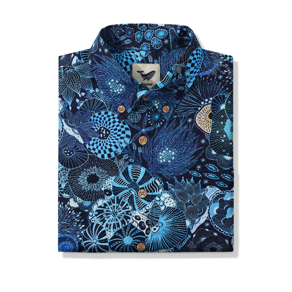 Sea Turtle Men's Hawaiian Shirt Short Sleeve Button-down 100% Cotton Blue Aloha Reef Rules By Mo