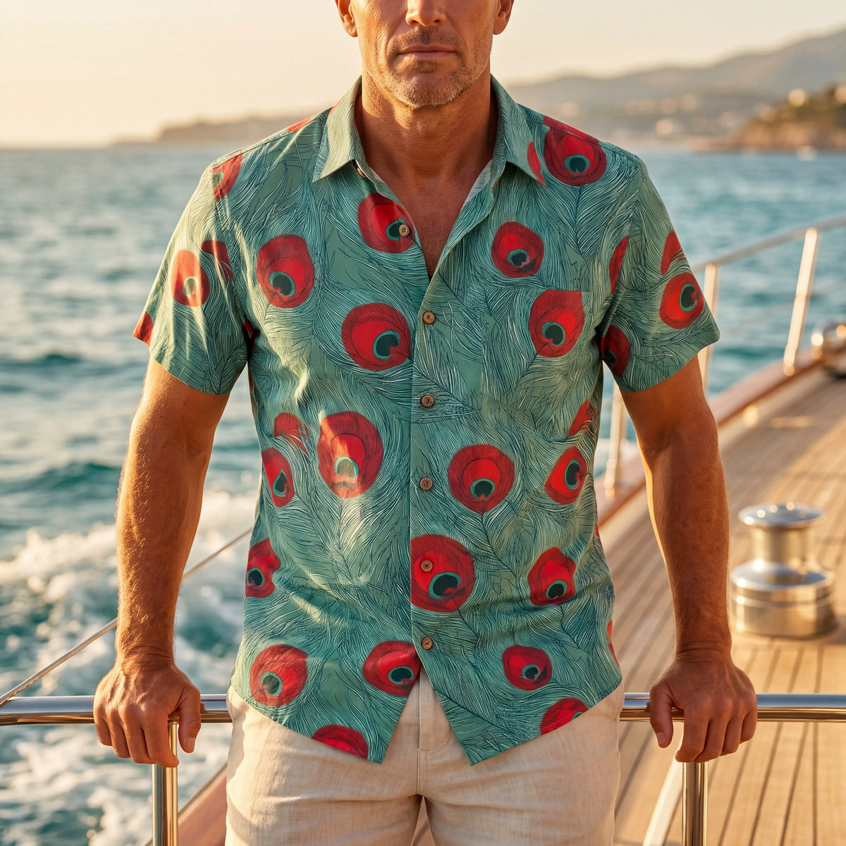 LeosWare® Men's Hawaiian Shirt Short Sleeve Button-up 100% Cotton Green Aloha Crimson Iris Blue Feathers By Ann