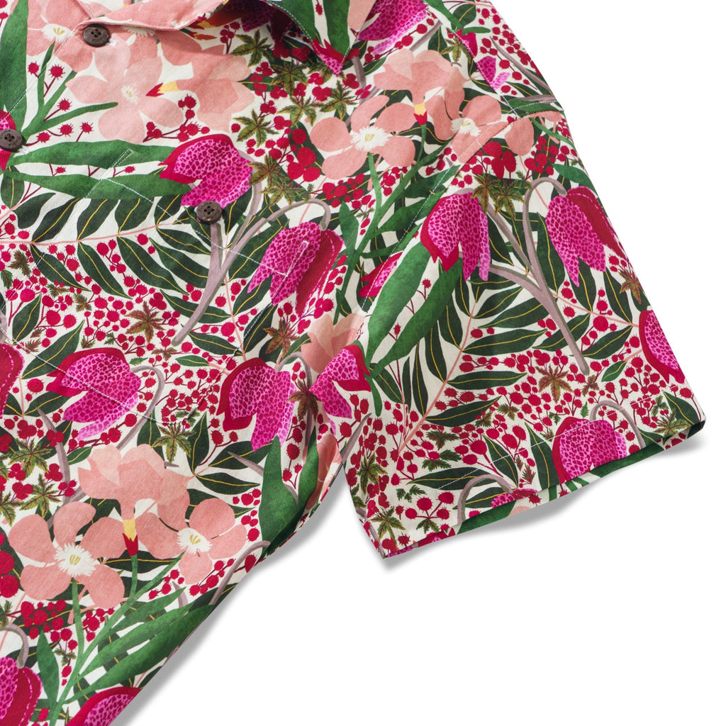 Men's Hawaiian Shirt Short Sleeve Camp Collar 100% Cotton Red Aloha Wild and Unique Flowers By Jasmine Blooms Designs