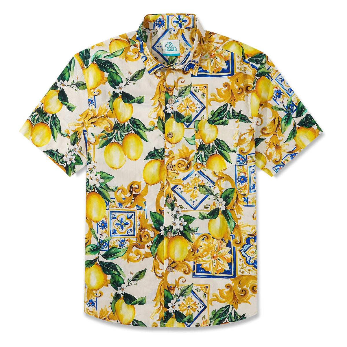 LeosWare® Men's Hawaiian Shirt Short Sleeve Button-up 100% Cotton Yellow Aloha Romantic Interplay Of Lemon And Patterns By Ethan