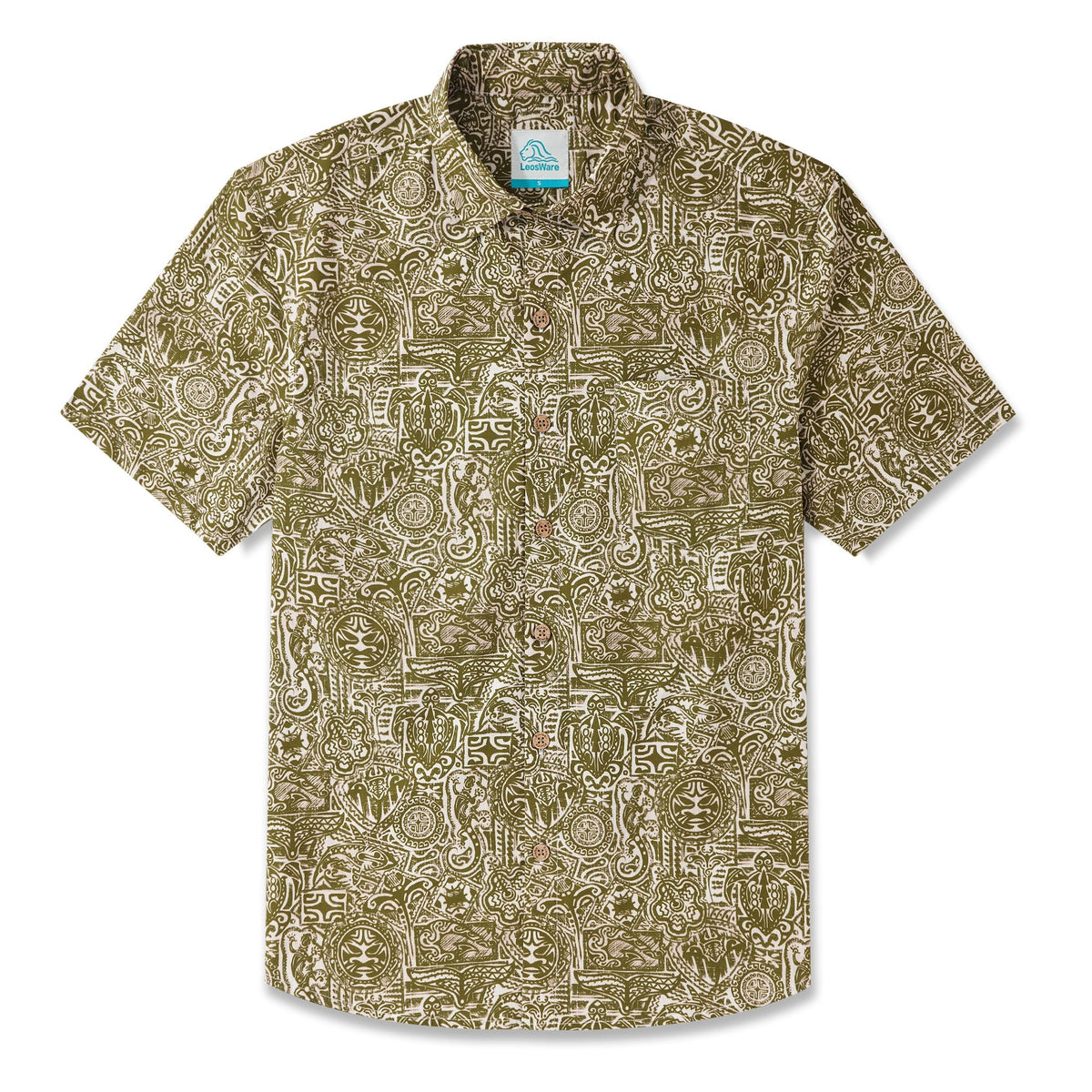 LeosWare® Men's Hawaiian Shirt Short Sleeve Button-up 100% Cotton Yellow Aloha Exotic Tribal Art Patterns By Ethan