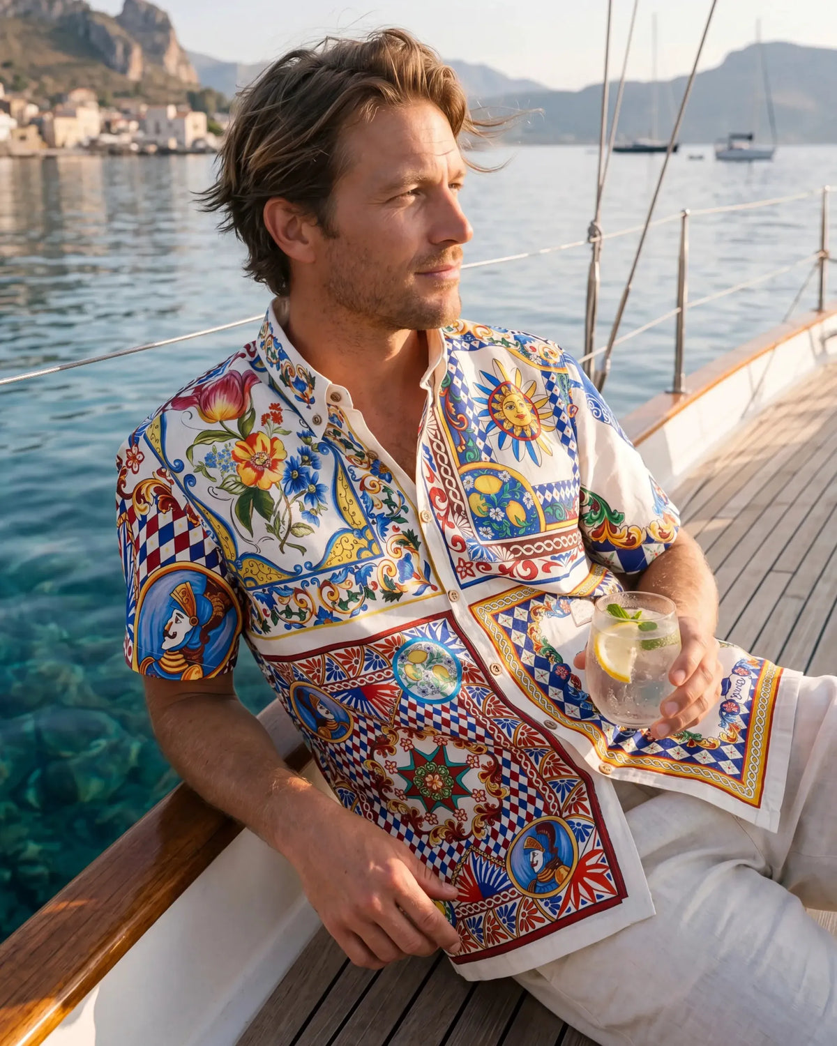 Men's Hawaiian Shirt Short Sleeve Button-down 100% Cotton Blue Flower Aloha Lemon Sicily Venice By Huan huan