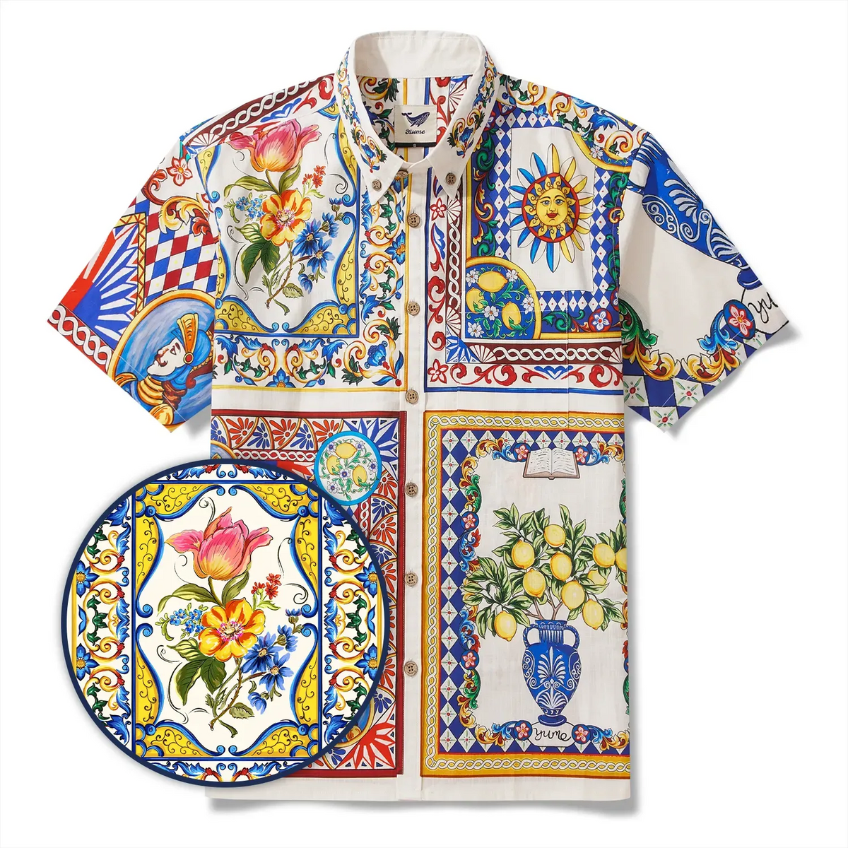 Men's Hawaiian Shirt Short Sleeve Button-down 100% Cotton Blue Flower Aloha Lemon Sicily Venice By Huan huan