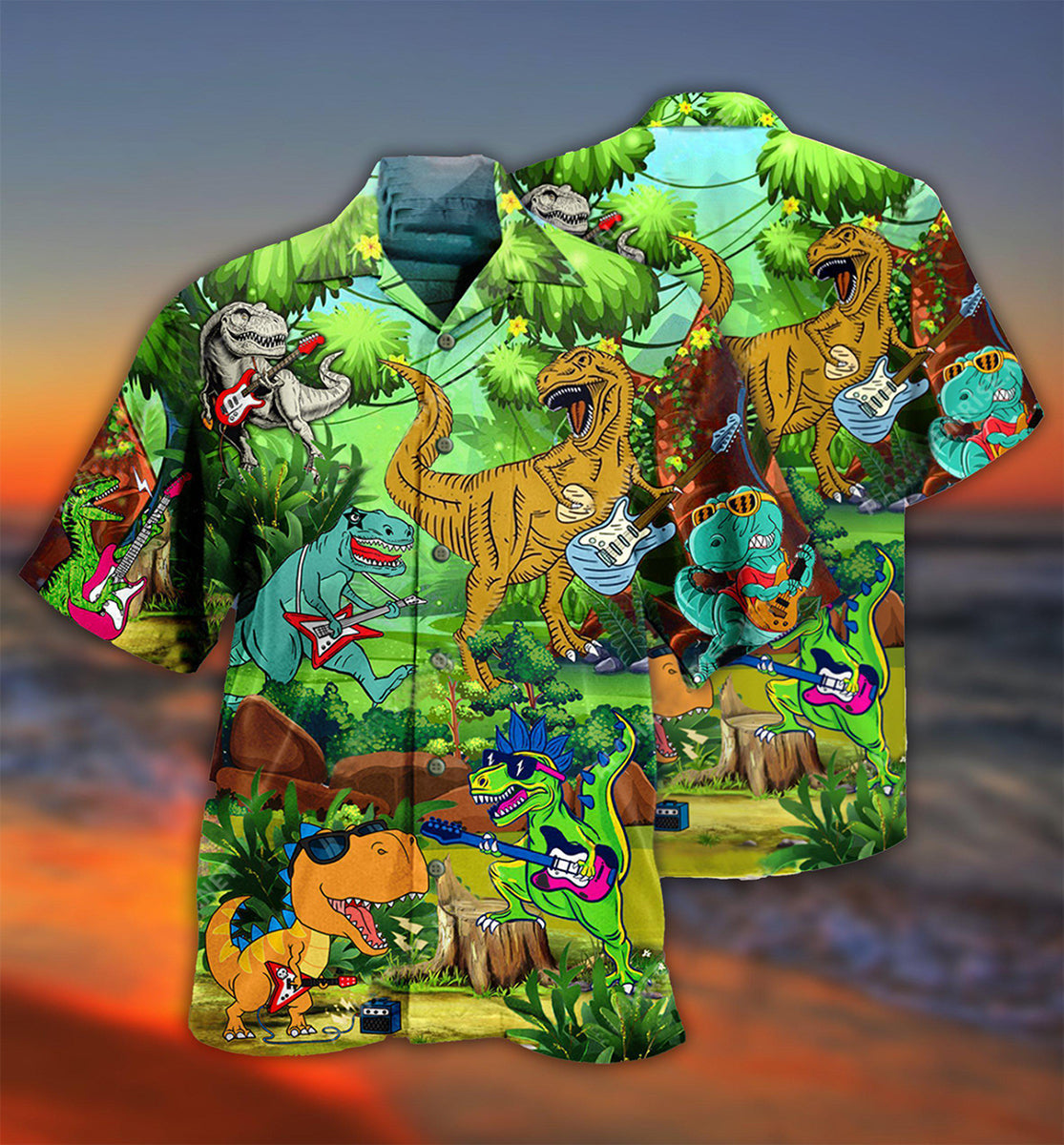 Dinosaur Play Guitar Like A Star Funny - Hawaiian Shirt