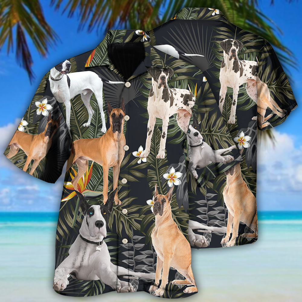 Great Dane Dog Tropical Leaf Black Style - Hawaiian Shirt