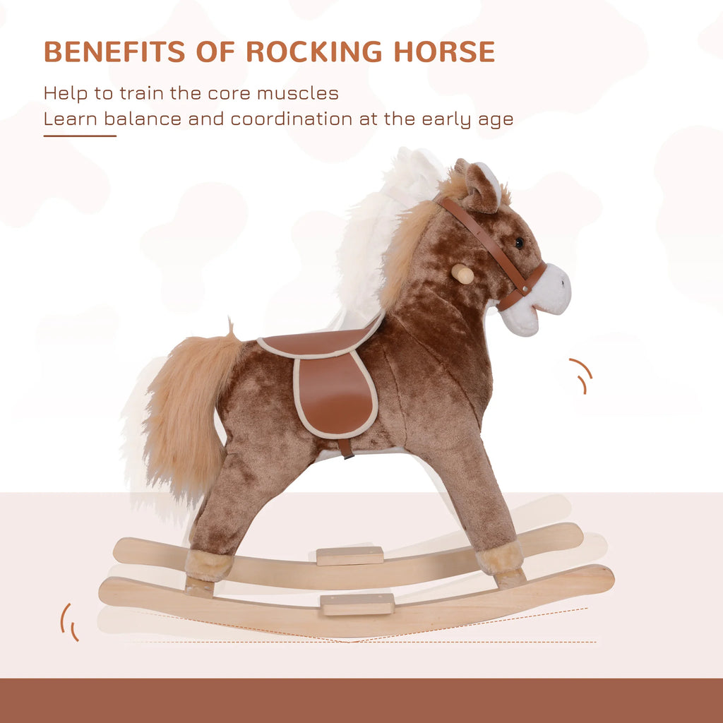 Plush Rocking Horse for Toddlers Age 3 Brown & White Wooden Base Rocker Safe Ride-On Toy Max Capacity 88 Lbs Assembly Required