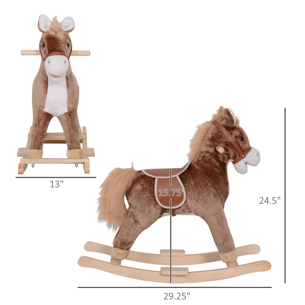 Plush Rocking Horse for Toddlers Age 3 Brown & White Wooden Base Rocker Safe Ride-On Toy Max Capacity 88 Lbs Assembly Required