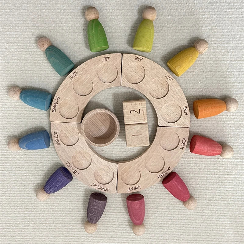 Wooden Perpetual Calendar Peg Dolls Figures Kids Learning Time Toys Open Ended Play Game Year Advent Calendar for Children