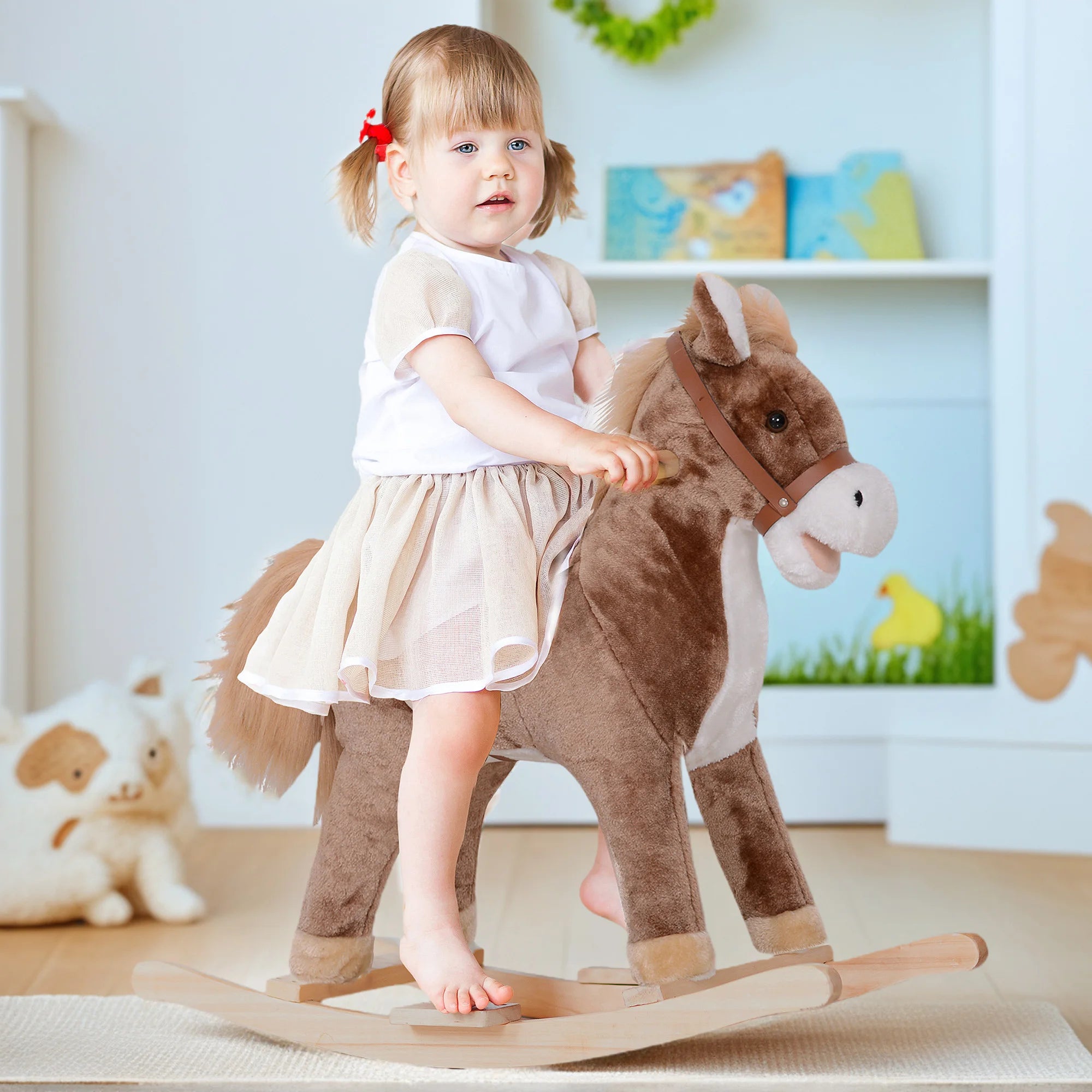 Plush Rocking Horse for Toddlers Age 3 Brown & White Wooden Base Rocker Safe Ride-On Toy Max Capacity 88 Lbs Assembly Required