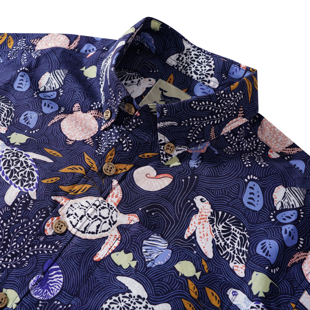 Men's Hawaiian Shirt Short Sleeve Button-down 100% Cotton Blue Aloha Happy sea turtles family navy blue By Annick