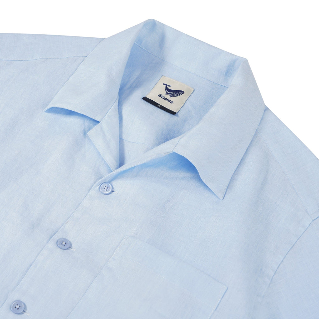 Men's Basic Shirt Short Sleeve Camp Collar 100% Linen Light Blue Solid Color