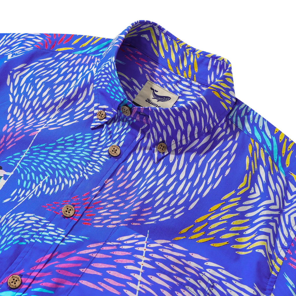 Men's Hawaiian Shirt Short Sleeve Button-down 100% Cotton Blue Aloha Dreamy Fish Light