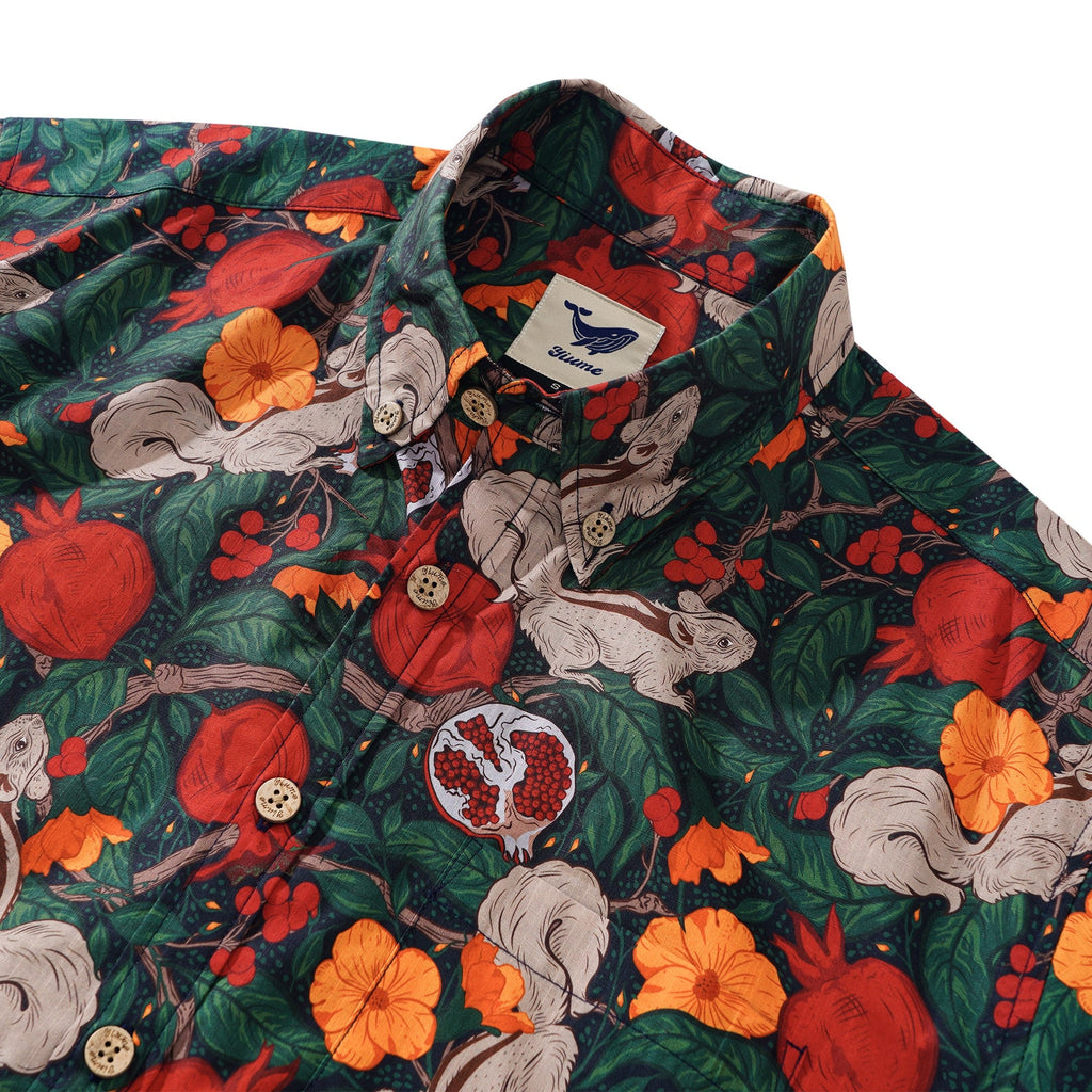 Men's Hawaiian Shirt Short Sleeve Button-down 100% Cotton Green Aloha Pomegranate Grove By Pallavi Chaudhary